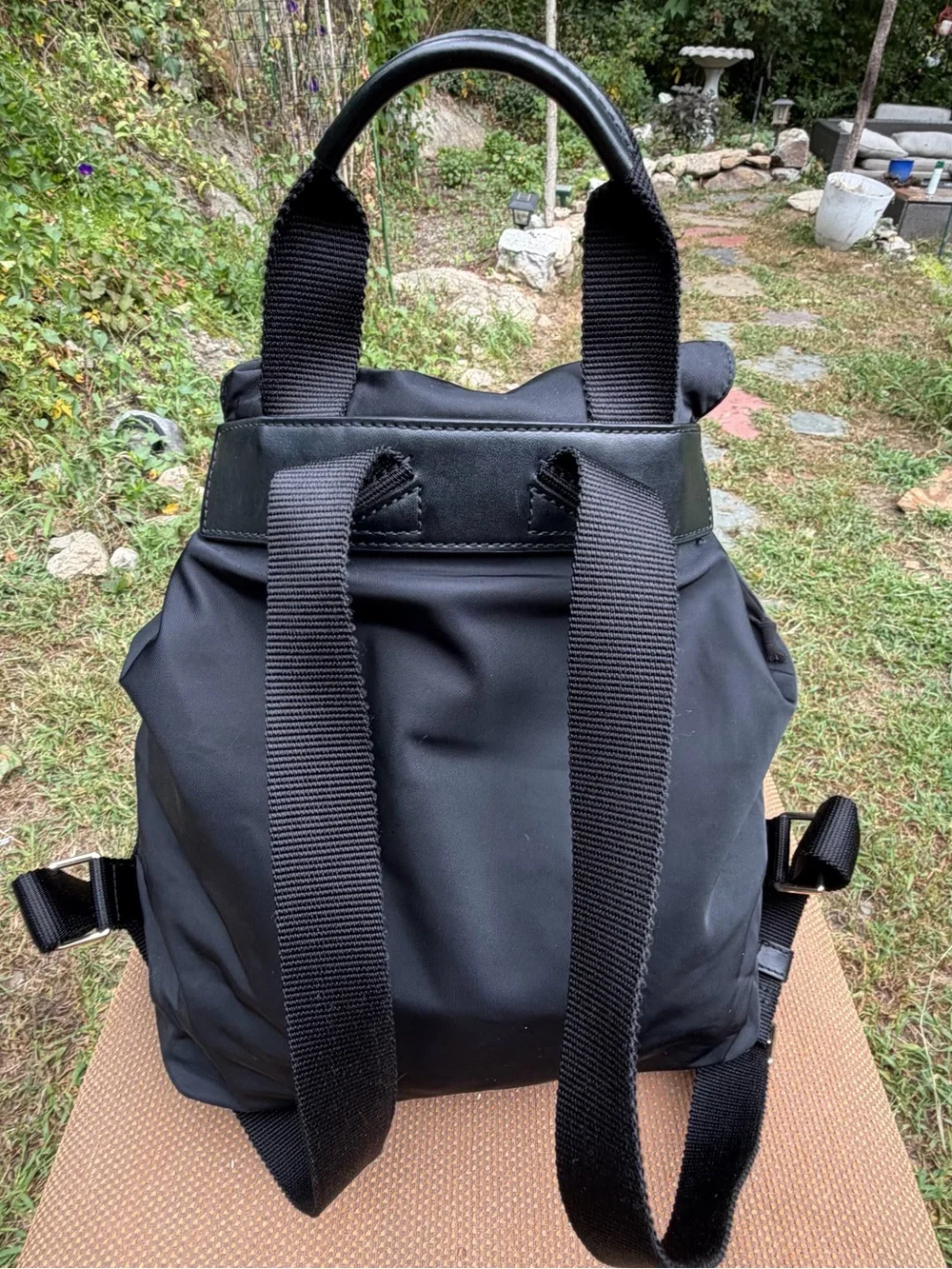 Tory Burch Black Nylon Backpack with Front Pockets Gold hardware Front logo